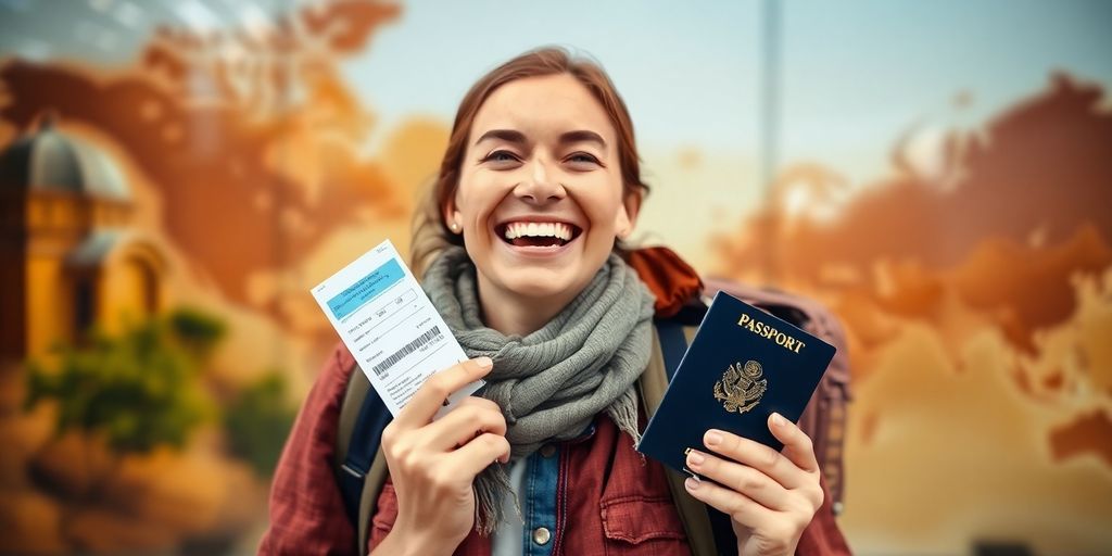 Smiling person holding a passport and boarding pass.