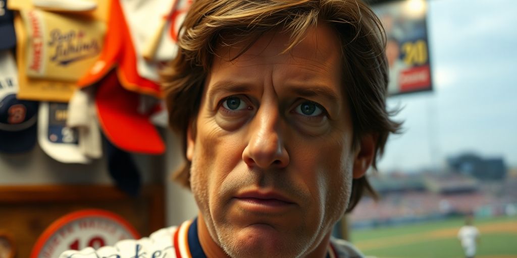 John Rocker with baseball memorabilia and a thoughtful expression.
