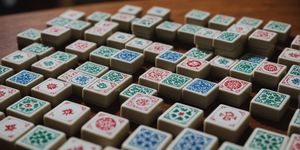 Colorful Mahjong tiles neatly arranged on a table.