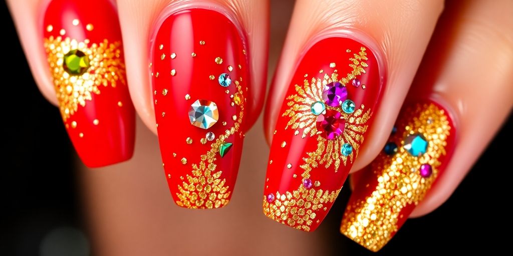 Unha vermelha com glitter e pedraria colorida.