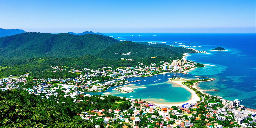 Coastal view of Phuket with tropical landscape and buildings.