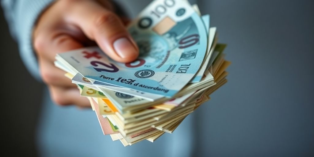 Main tenant une pile de billets de banque.