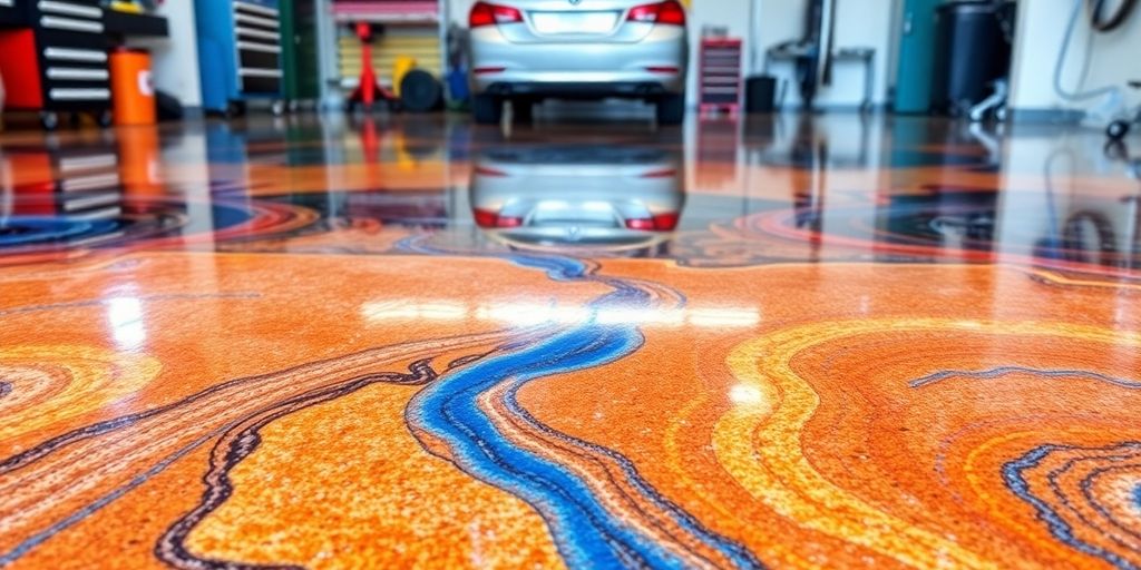 Glossy epoxy-coated garage floor with vibrant colors and patterns.