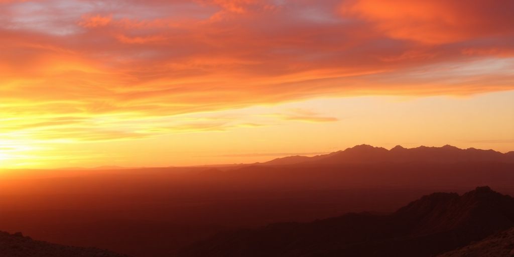 Vibrant sunset sky over desert mountains.