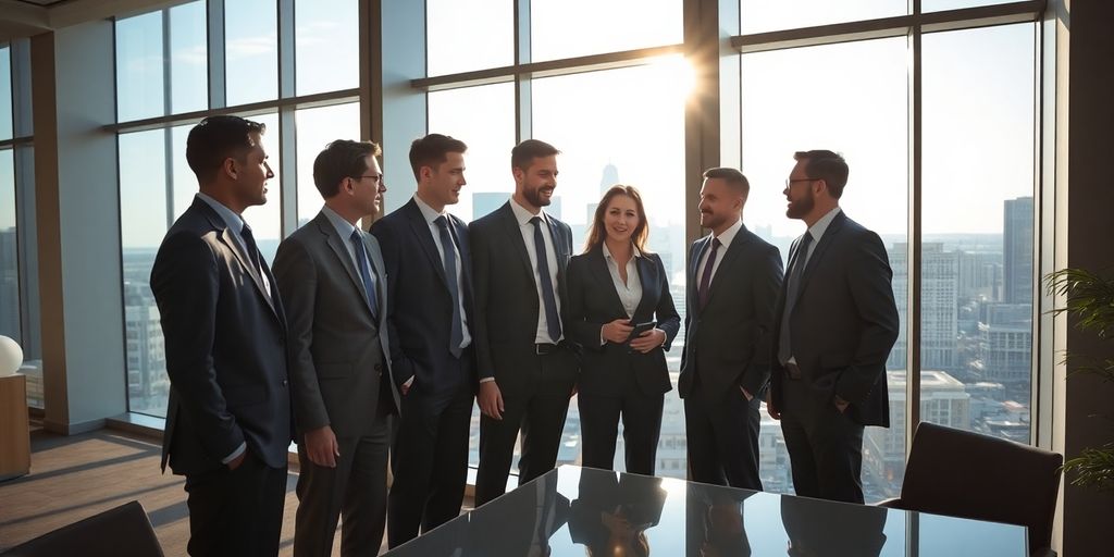 Spécialistes en costume discutant près d'un gratte-ciel.