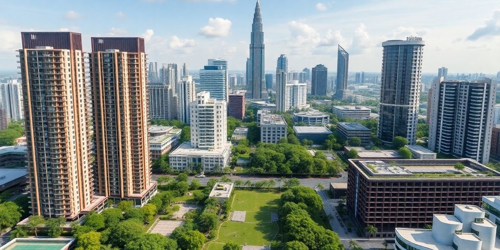 Bangkok skyline with modern buildings and green spaces.