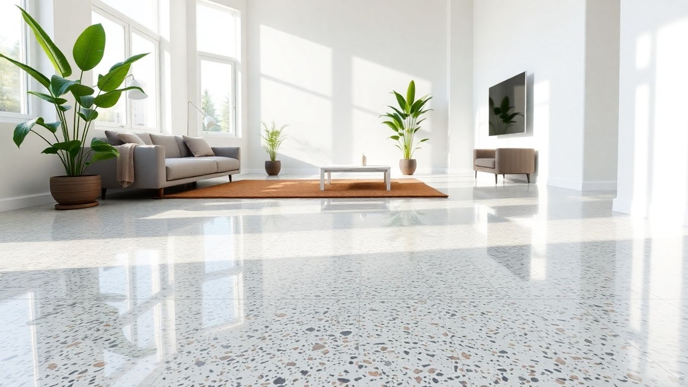 Sol en terrazzo poli dans un salon moderne et lumineux