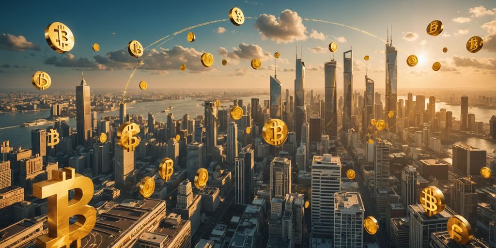 Futuristic city with gold buildings and digital symbols.