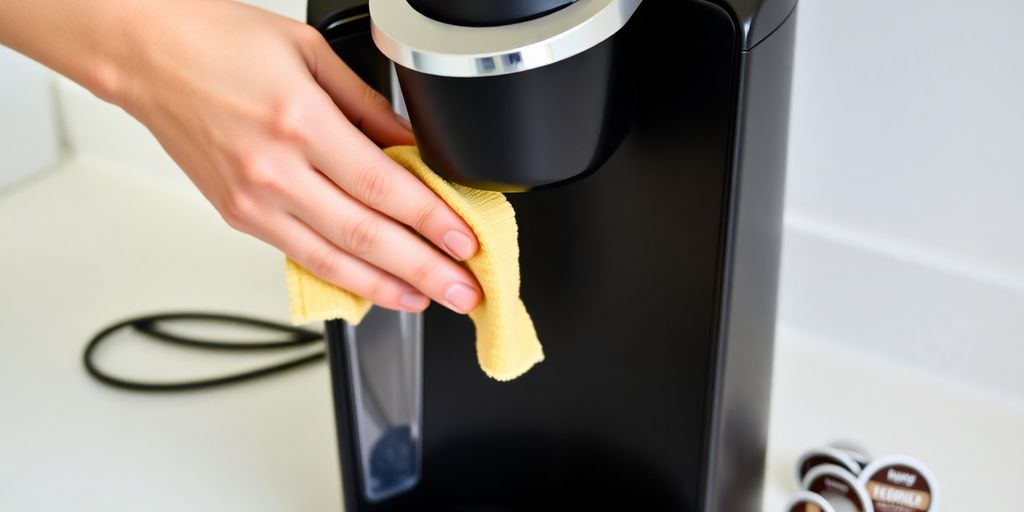 Close-up of a hand cleaning a K-Express coffee maker.