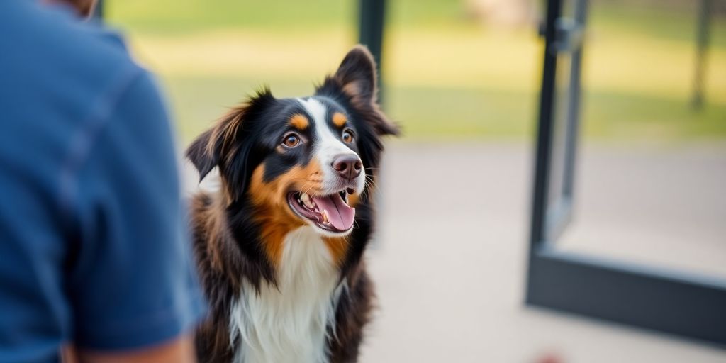 Happy Aussie Shepherd learning a new command.