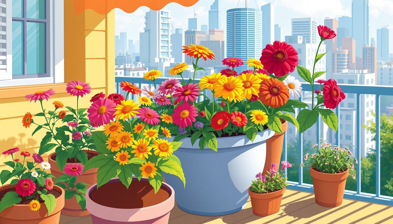 Colorful flowers in pots on a sunny balcony.