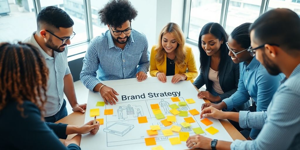 Professionals collaborating on brand strategy in a modern office.