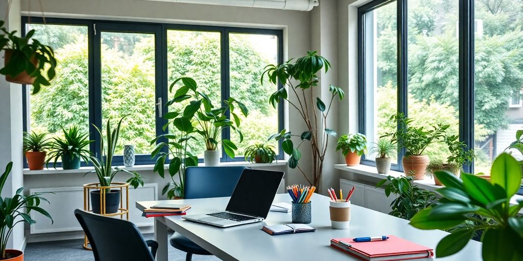 Bright, inviting workspace with plants and natural light.