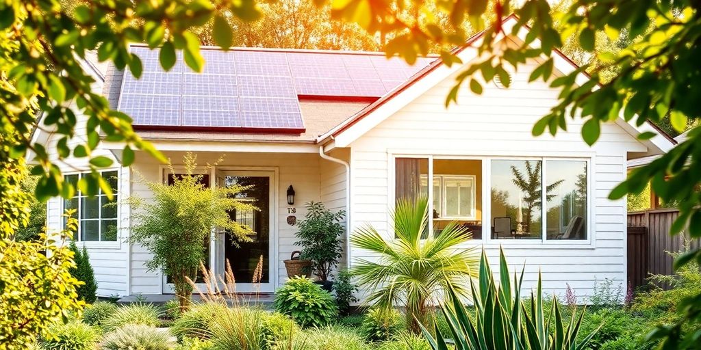 Energiezuinig huis met zonnepanelen en groene tuin.