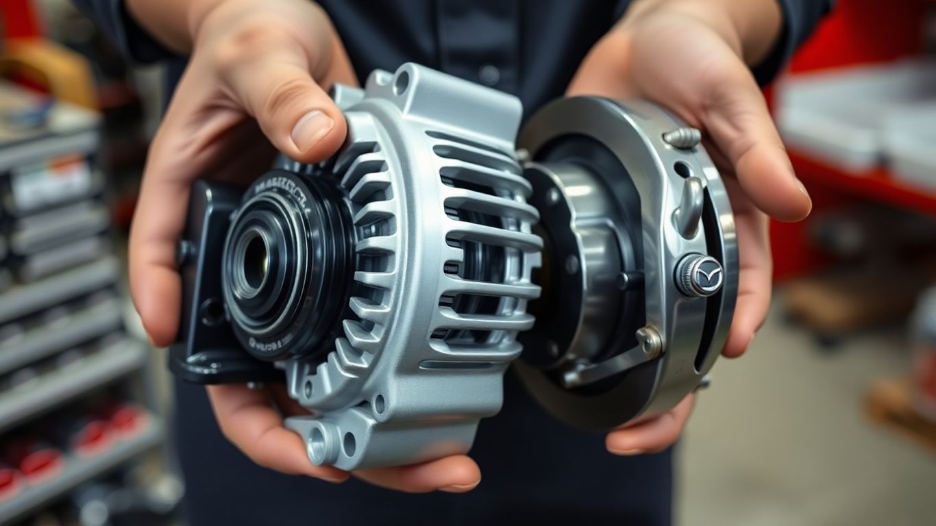 Mechanic holding Mazda car parts: alternator, brake caliper.