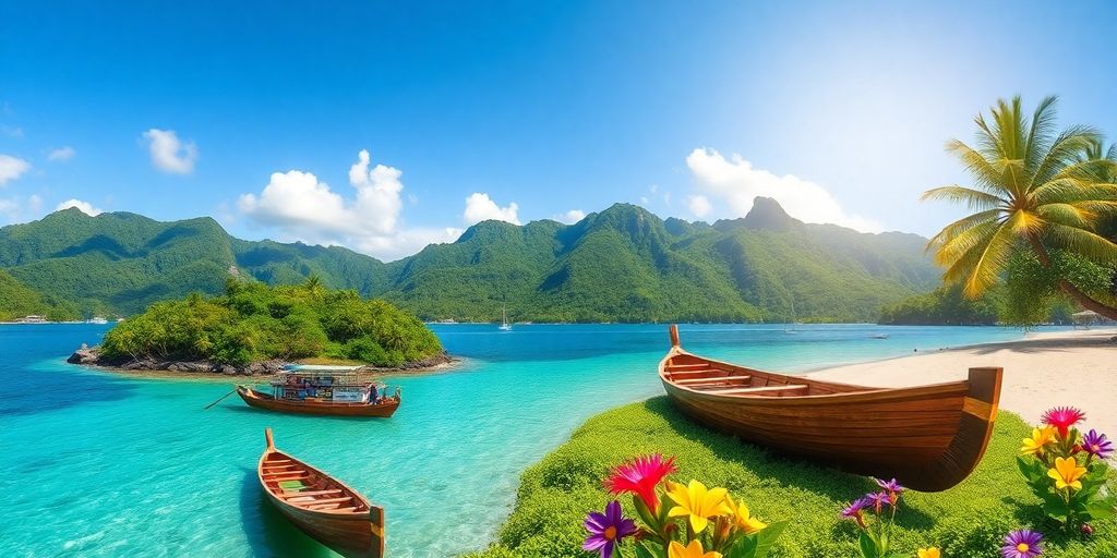 Melanesian islands with canoes and tropical landscapes.