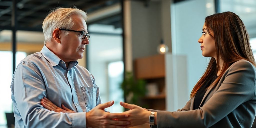 Mentor and mentee discussing in an office setting.