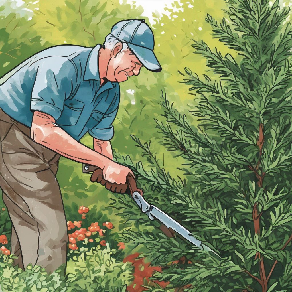 person pruning evergreen shrub in garden