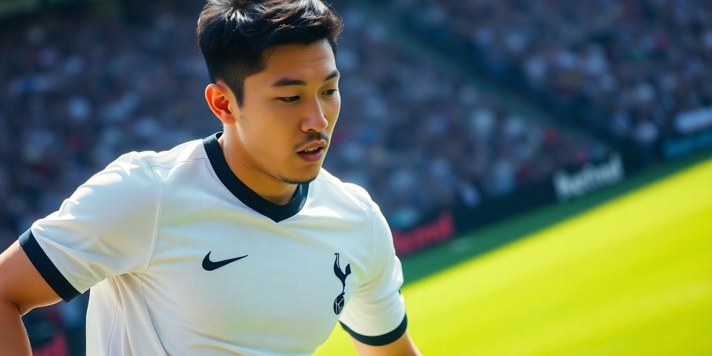 Son Heung-Min looks determined on soccer field.