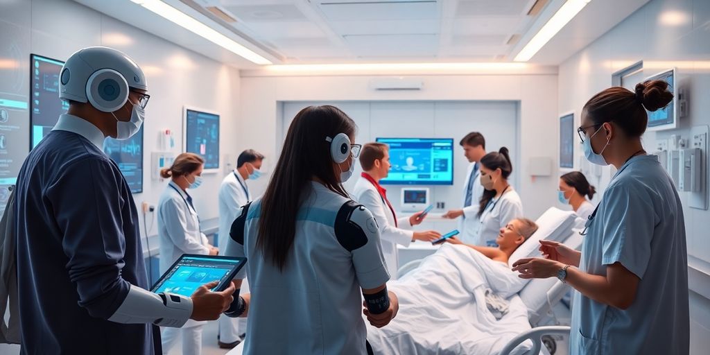 Futuristic hospital with digital displays and caring robots.