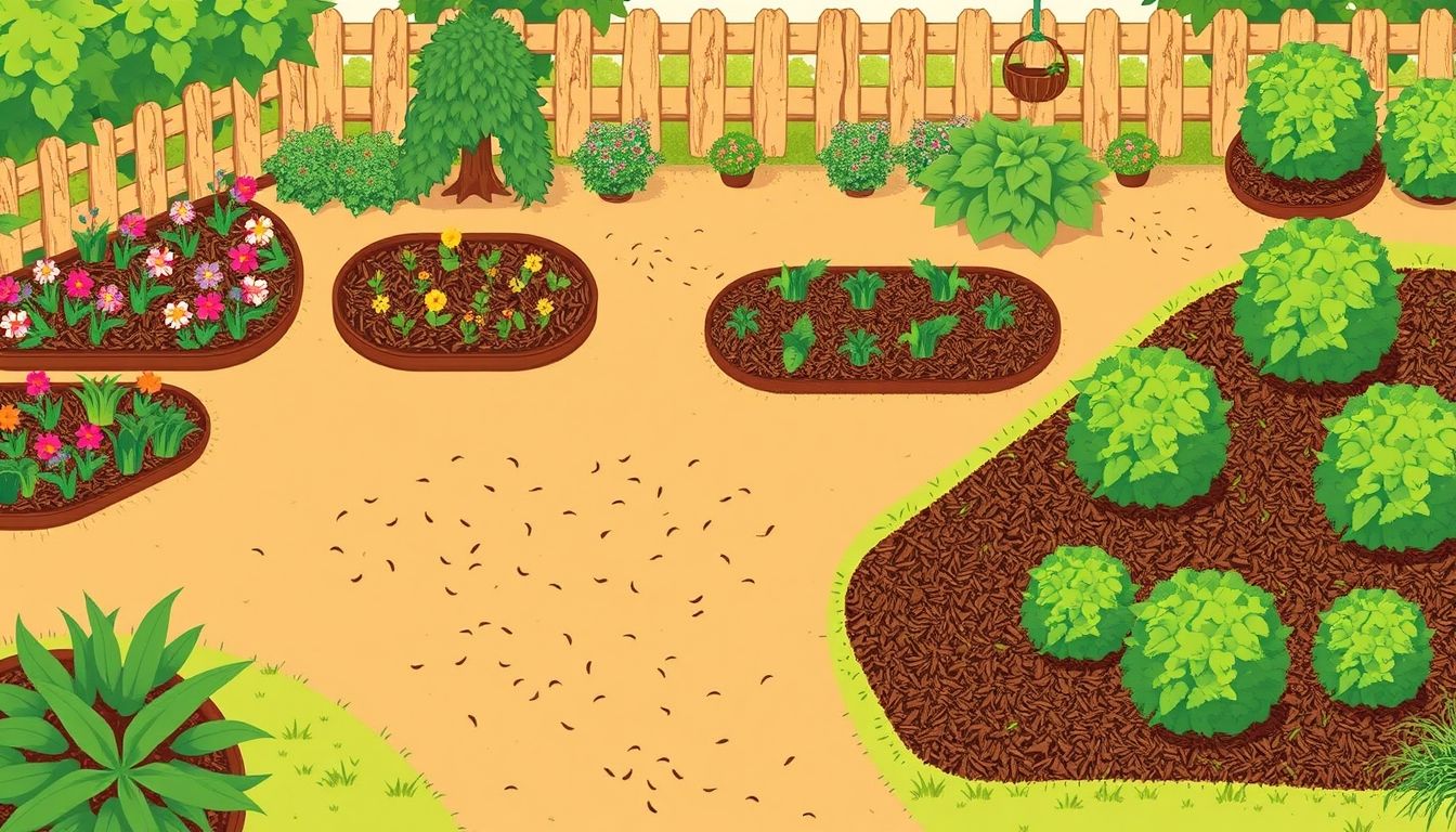 Illustration of mulch in different garden beds.