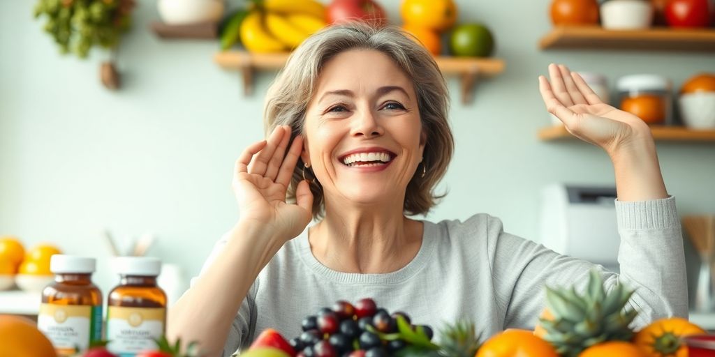 Mulher energizada com vitaminas e frutas frescas.