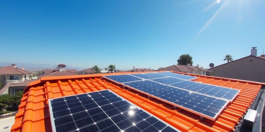 Rooftop solar panels gleaming under a clear blue sky.