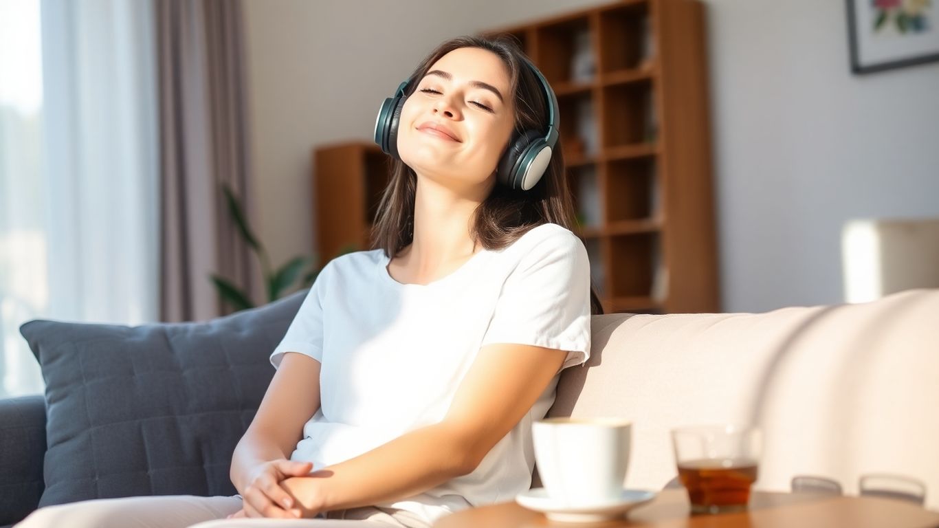 Woman listening to music relaxing with headphones at home.