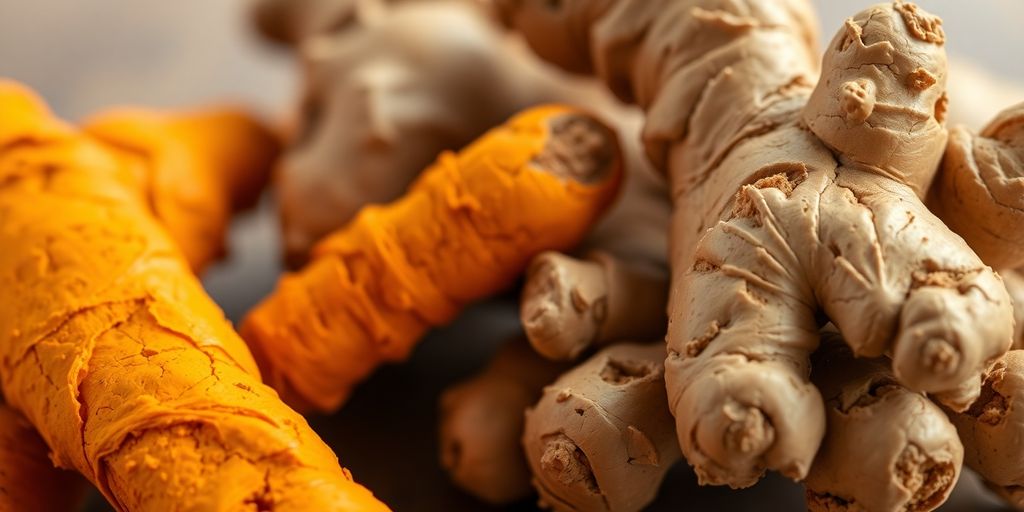 Fresh ginger root and turmeric spice.