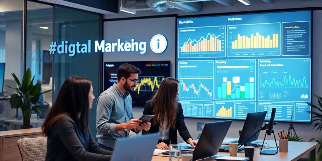 Profissionais de marketing digital em ambiente moderno.