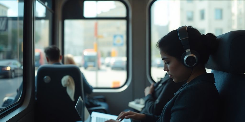Person on a bus, working on a laptop.