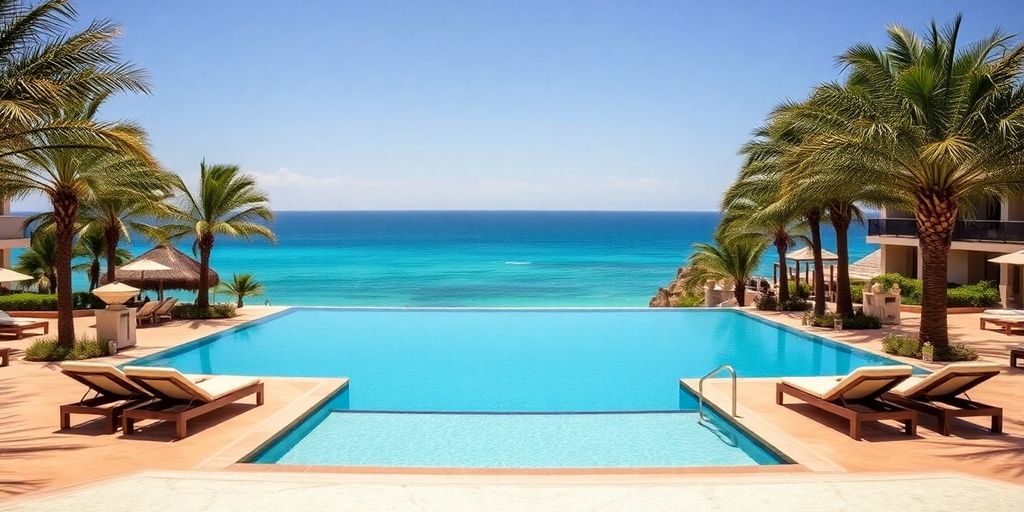 Couple relaxing by infinity pool overlooking ocean.