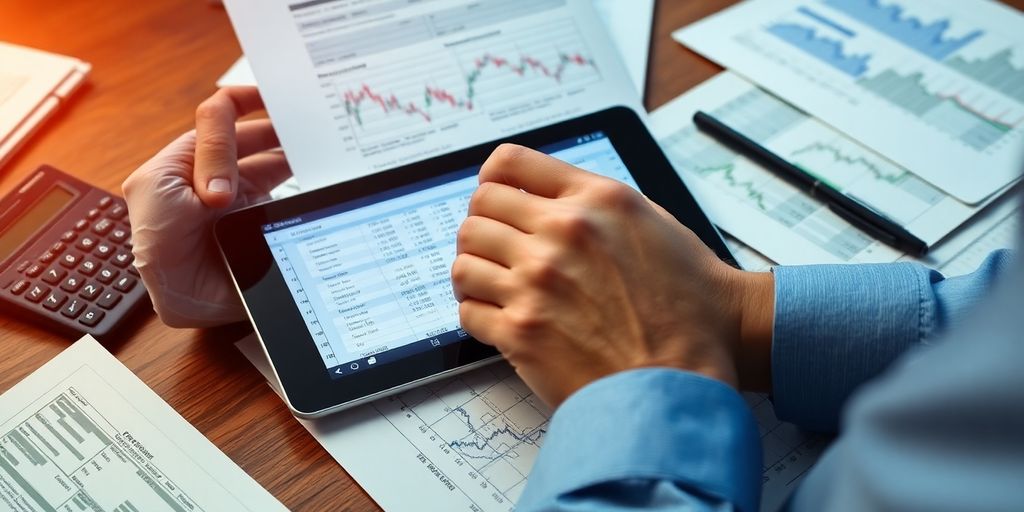 Trader reviewing options contracts with a digital tablet.