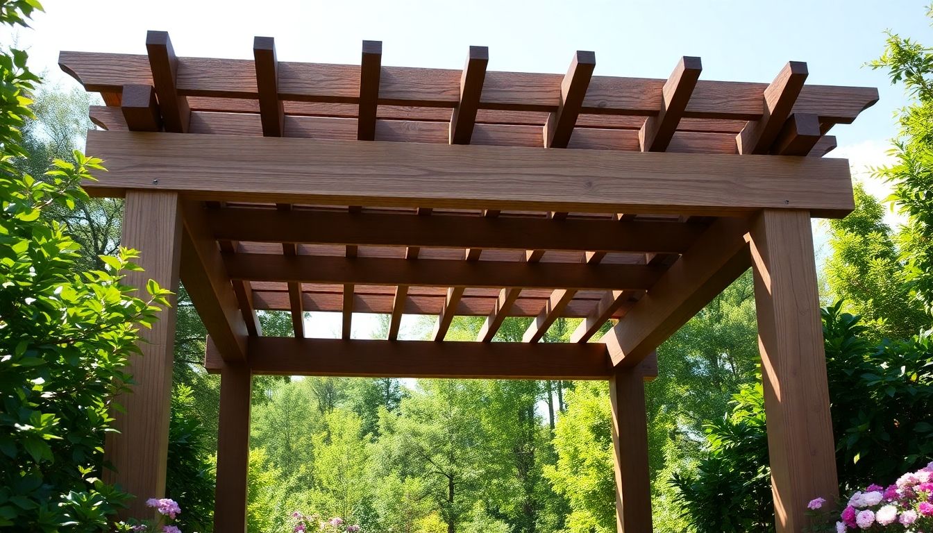 Wooden pergola in a green outdoor space.