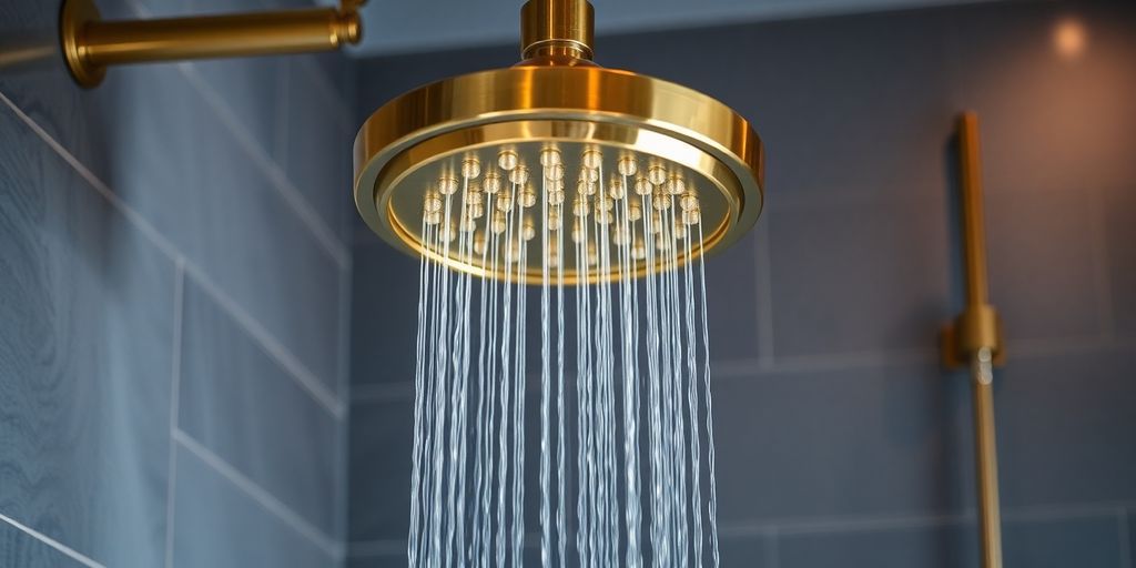 Brass rainfall shower in a modern bathroom.