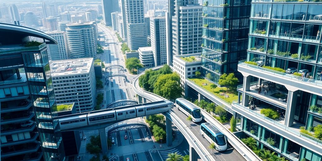 Smart city with green spaces and futuristic transportation.
