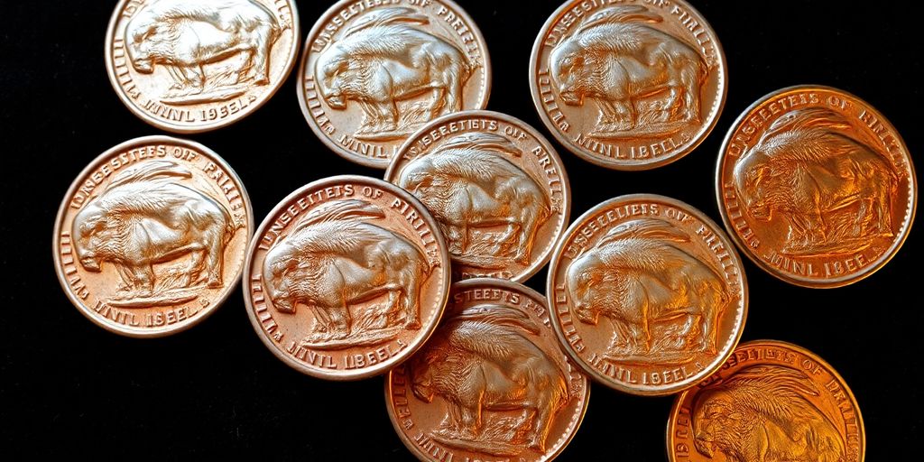 Buffalo nickel collection on velvet cloth.