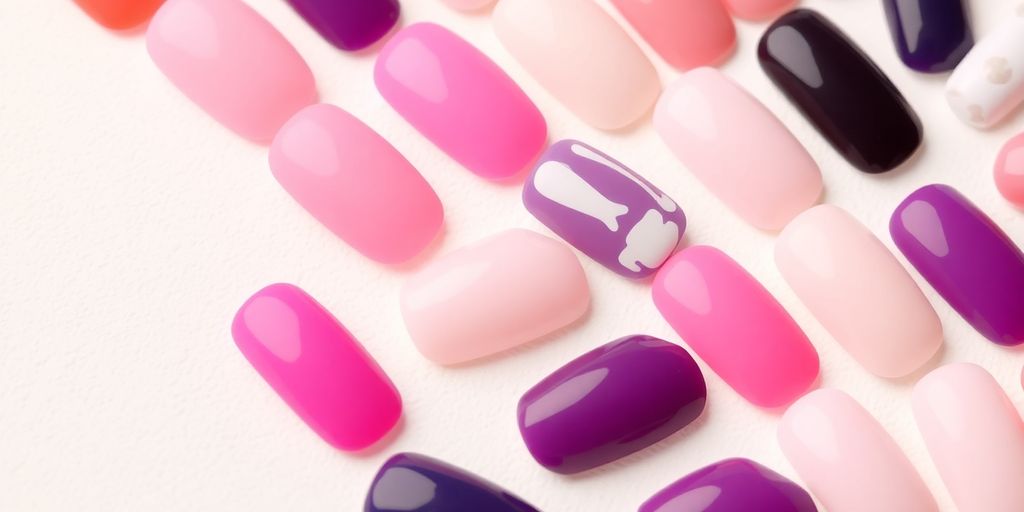 Colorful press on nails with glossy finishes arranged beautifully.