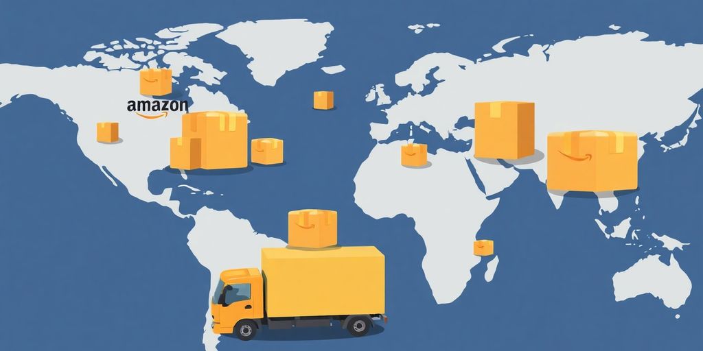 Weltkugel, Pakete, Amazon-Logos, Lieferwagen, fließende Prozesse. Internationales Amazon Fulfillment