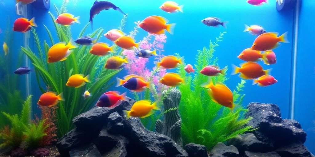 Colorful exotic fish in a lush aquarium setting.