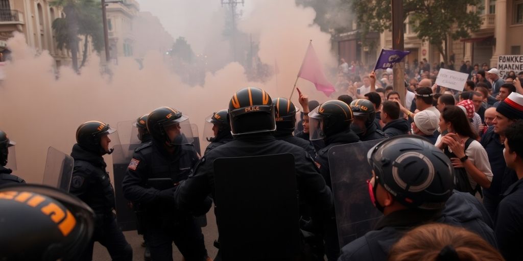 Riot police clashing with protesters in Athens streets.