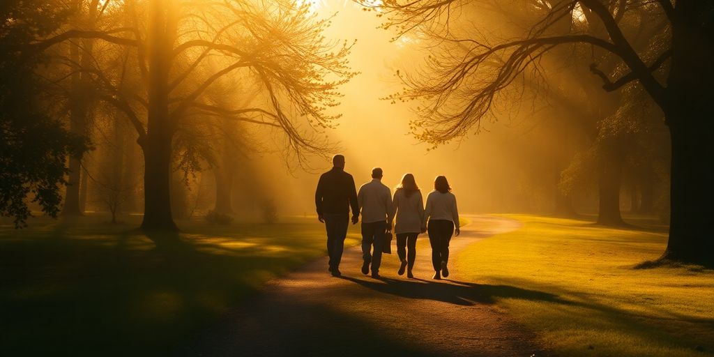 Silhouettes walking on a peaceful path in nature.