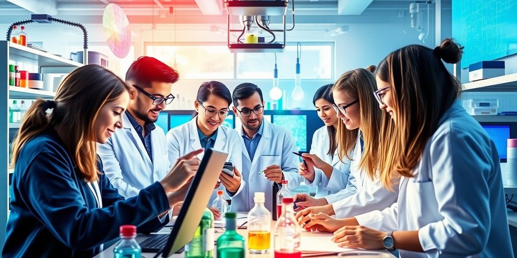 Researchers collaborating in a modern laboratory setting.