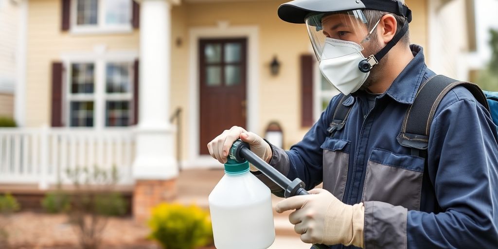 Tehnician de dezinsecție aplicând pesticide într-o zonă rezidențială.