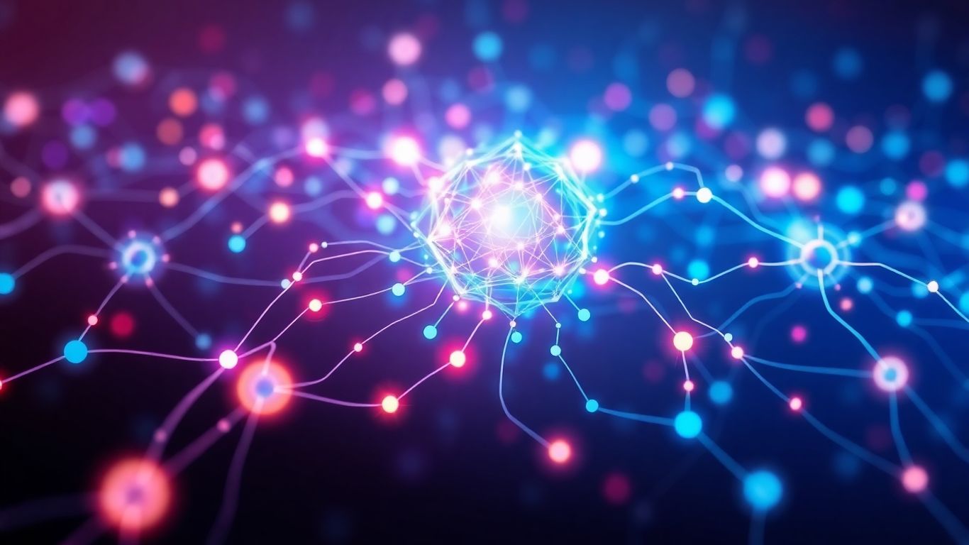 Abstract neural network with glowing nodes and digital patterns.