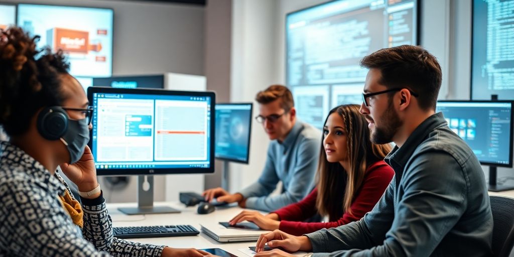 Agile QA team collaborating with modern test management tools.