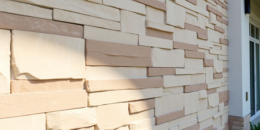 Faux stone panels on a home's exterior wall.