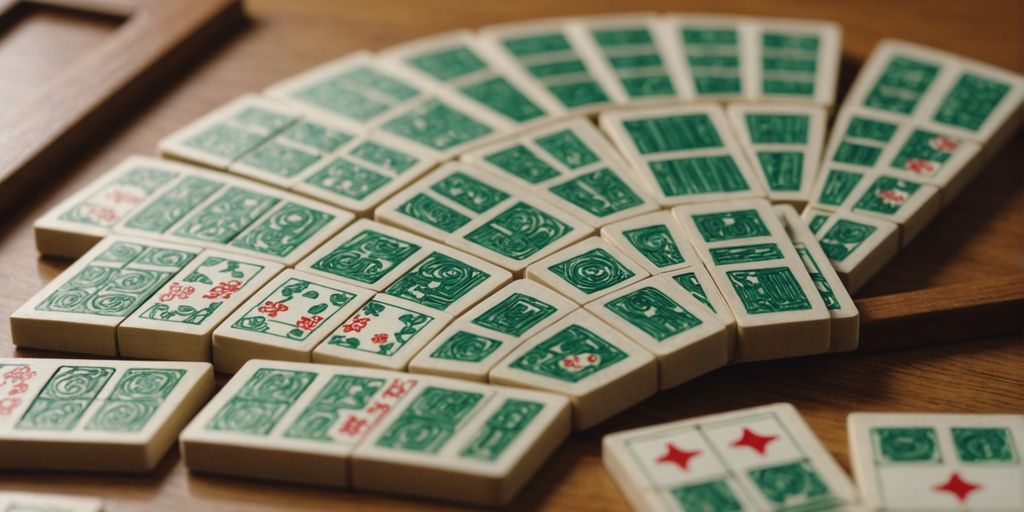 Close-up of Mahjong bamboo tiles in a fan arrangement.