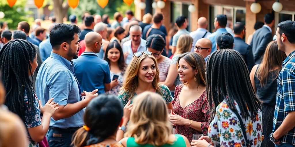 Diverse people networking and building relationships outdoors.