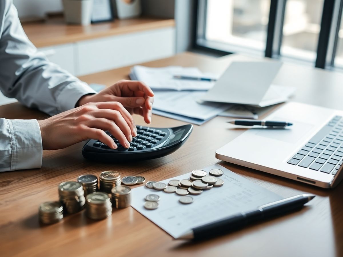 Mâini care folosesc un calculator lângă monede și documente fiscale